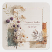 Rustieke Paarse & Gouden Folk Art bruiloft Vierkante Sticker (Voorkant)