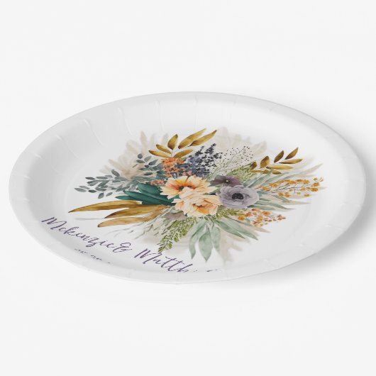 Rustieke Paarse gouden pioen herfst bruiloft Papieren Bordje (Gekanteld)