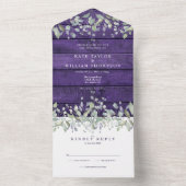 Rustieke Paarse Houten Bloemen Monogram Bruiloft All In One Uitnodiging (Binnen)