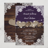 Rustieke Paarse houten jute kant bruiloft Kaart (Voorkant / Achterkant)