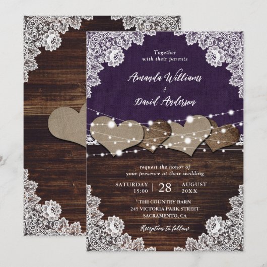 Rustieke Paarse houten jute kant bruiloft Kaart (Voorkant / Achterkant)