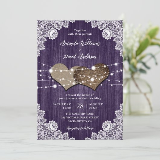 Rustieke Paarse houten jute kant bruiloft Kaart (Staand voorkant)