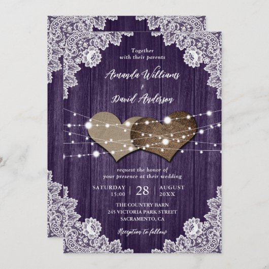 Rustieke Paarse houten jute kant bruiloft Kaart (Voorkant / Achterkant)