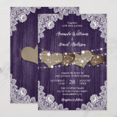 Rustieke Paarse houten jute kant bruiloft Kaart (Voorkant / Achterkant)