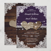 Rustieke Paarse Houten Jute Kant Trouwfeest Kaart (Voorkant / Achterkant)