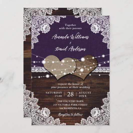 Rustieke Paarse Houten Jute Kant Trouwfeest Kaart (Voorkant / Achterkant)