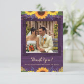 Rustieke Paarse Houten Lichten Zonnebloem Bruiloft Bedankkaart (Staand voorkant)