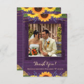 Rustieke Paarse Houten Lichten Zonnebloem Bruiloft Bedankkaart (Voorkant / Achterkant)