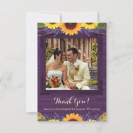 Rustieke Paarse Houten Lichten Zonnebloem Bruiloft Bedankkaart