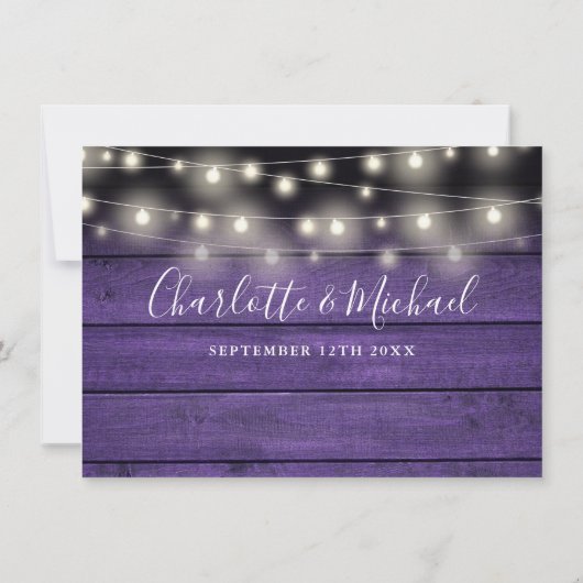 Rustieke Paarse Houten Strijklichten Bruiloft Deta Kaart (Achterkant)