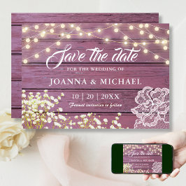 Rustieke Paarse Houten Strijklichten & Kant Save The Date