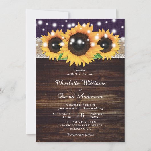 Rustieke Paarse houten zonnebloem bruiloft uitnodi Kaart (Voorkant)
