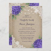 Rustieke Paarse Hydrangea Burlap Lace Wedding Kaart (Voorkant / Achterkant)