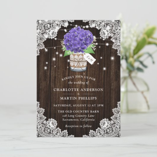 Rustieke Paarse Hydrangea Wood Lace Wedding Kaart (Staand voorkant)