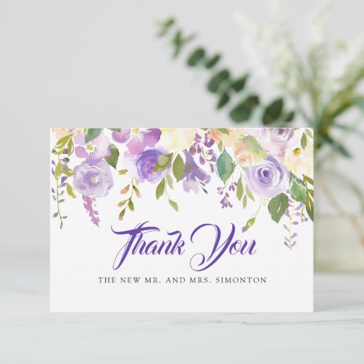 Rustieke Paarse Ivoor Wit Bloemen Bruiloft Bedankkaart (Staand voorkant)