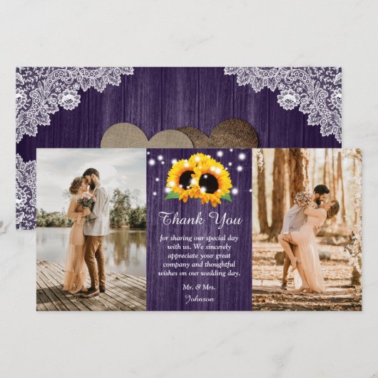 Rustieke Paarse Kant Zonnebloem Dank u Fotokaart Bedankkaart (Voorkant / Achterkant)