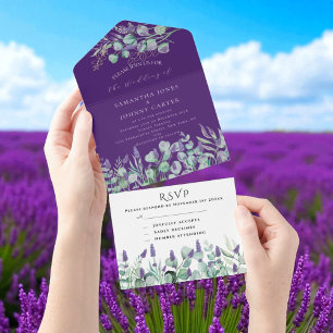 Rustieke Paarse Lavendel en Eucalyptus RSVP bruilo All In One Uitnodiging