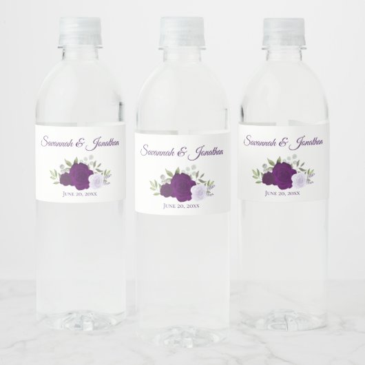 Rustieke Paarse & Lavendel Rozen Elegante bruiloft Waterfles Etiket (Flessen)