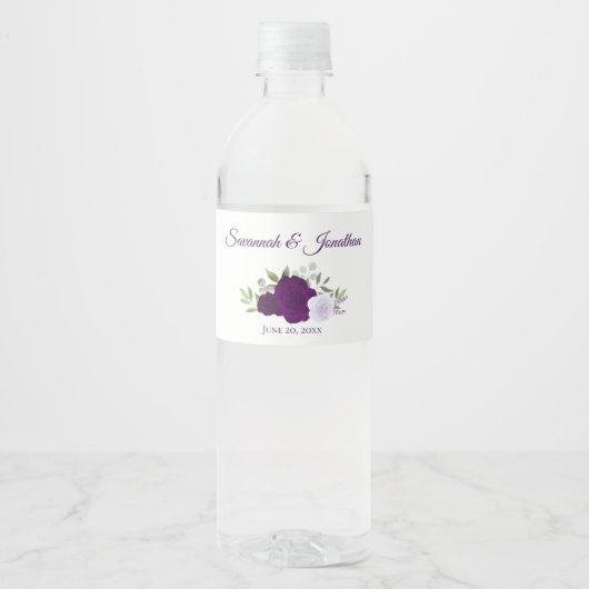Rustieke Paarse & Lavendel Rozen Elegante bruiloft Waterfles Etiket (Voorkant)
