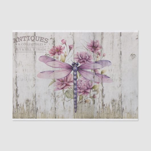 Rustieke Paarse libel op roze bloemen Tissuepapier (Voorkant)