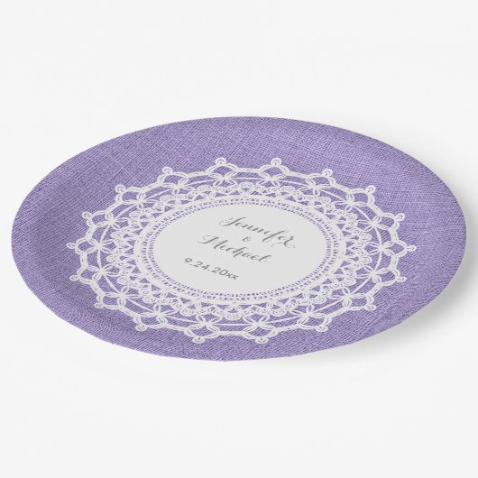 Rustieke Paarse linnen look en witte kant bruiloft Papieren Bordje (Gekanteld)