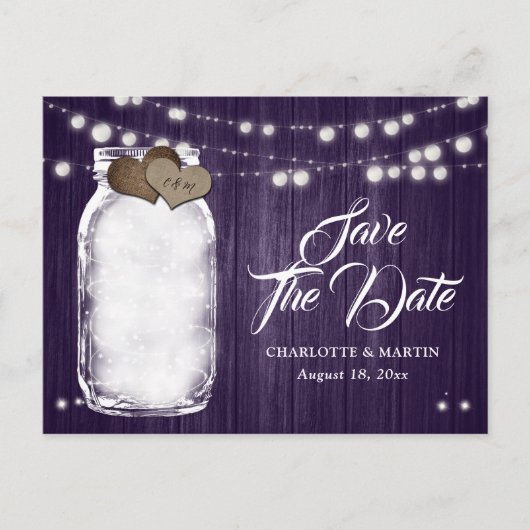 Rustieke Paarse Mason Jar Wedding Save The Date Aankondigingskaart (Voorkant)