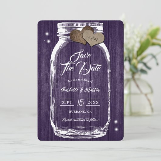 Rustieke Paarse Mason Jar Wood Fall Wedding Save The Date (Staand voorkant)