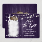 Rustieke Paarse Mason Jar Wood String Lights Weddi Save The Date (Voorkant / Achterkant)