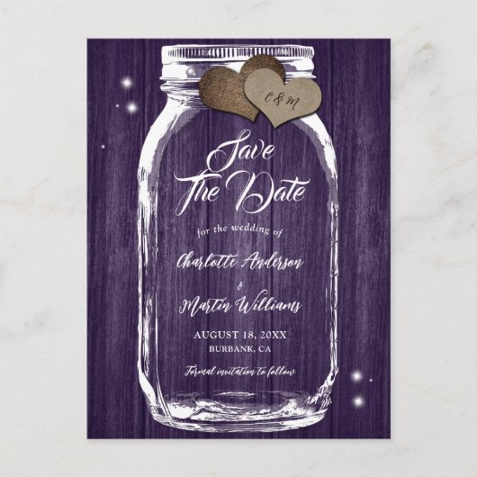 Rustieke Paarse Mason Jar Wood Wedding Save The Da Aankondigingskaart (Voorkant)