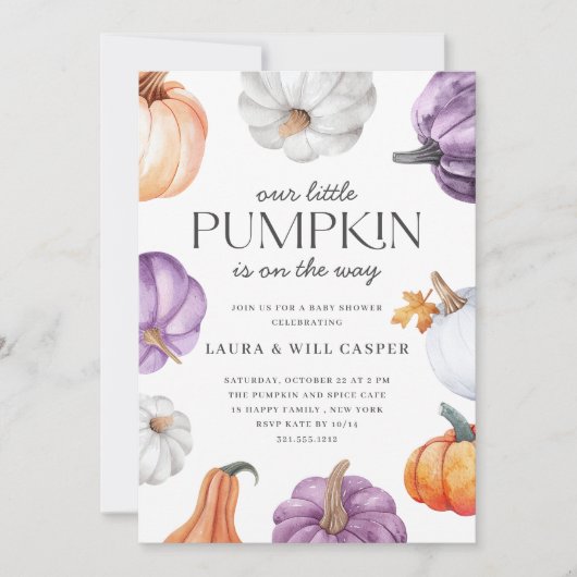 Rustieke Paarse Oranje Witte Pompoen Baby shower Kaart (Voorkant)