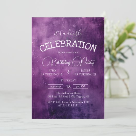 Rustieke Paarse Papier Dubbele Verjaardagsfeest Kaart (Staand voorkant)