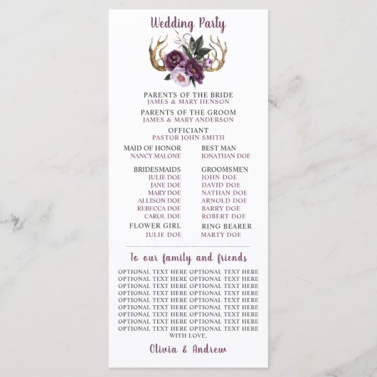 Rustieke Paarse Pruim Roze Pioenrozen Antlers Brui Programmakaart (Achterkant)