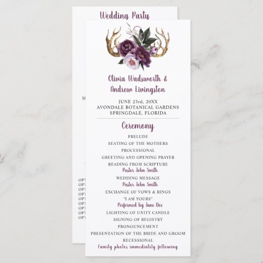 Rustieke Paarse Pruim Roze Pioenrozen Antlers Brui Programmakaart (Voorkant / Achterkant)