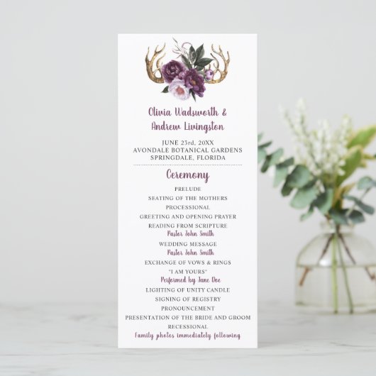 Rustieke Paarse Pruim Roze Pioenrozen Antlers Brui Programmakaart (Staand voorkant)