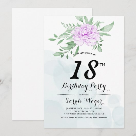 Rustieke Paarse Roos Bladeren Groen 18e Verjaardag Kaart (Voorkant / Achterkant)