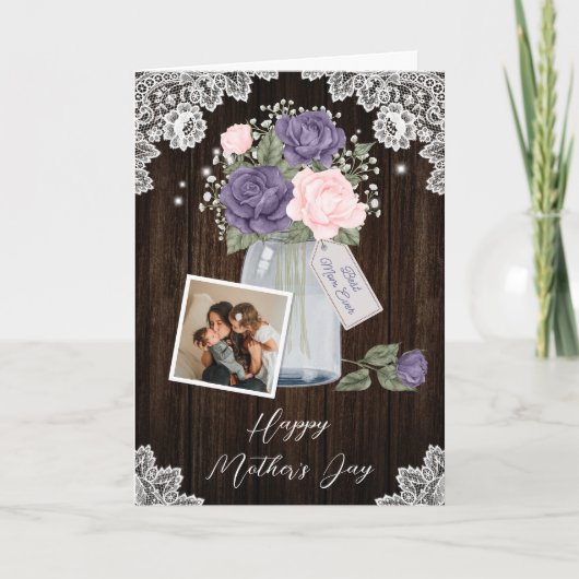 Rustieke Paarse Roze Bloemen Foto Happy Moederdag Kaart (Voorkant)