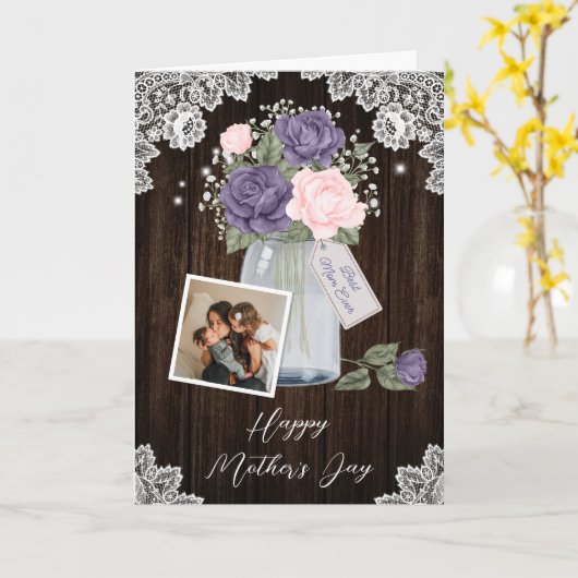 Rustieke Paarse Roze Bloemen Foto Happy Moederdag Kaart (Gele Bloem)