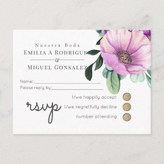 Rustieke Paarse RSVP Nuestra Boda Spaans Bruiloft Uitnodiging Briefkaart (Voorkant)