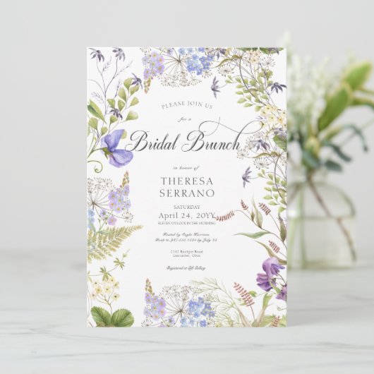 Rustieke Paarse Sage Wildflower Witte Bruidsbrunch Kaart (Staand voorkant)