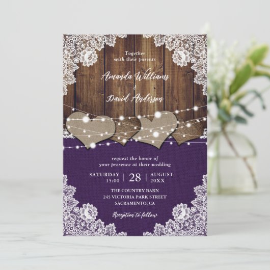 Rustieke Paarse Schuur Houten Burlap Kant Bruiloft Kaart (Staand voorkant)