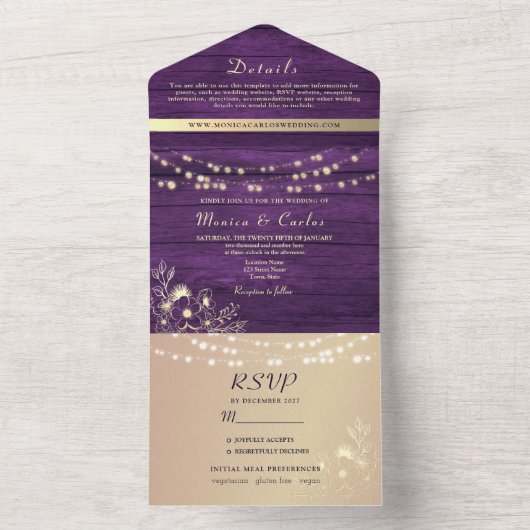 Rustieke Paarse String Lights bruiloft All In One Uitnodiging (Binnen)