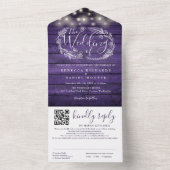 Rustieke Paarse String Lights Floral QR Code Bruil All In One Uitnodiging (Binnen)