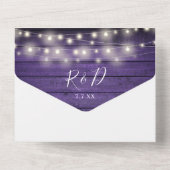 Rustieke Paarse String Lights Floral QR Code Bruil All In One Uitnodiging (Achterkant)