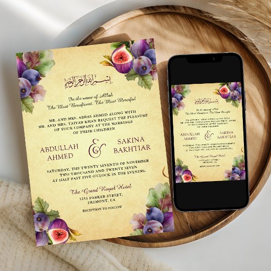 rustieke Paarse vijgen QR Code Moslim bruiloft Kaart