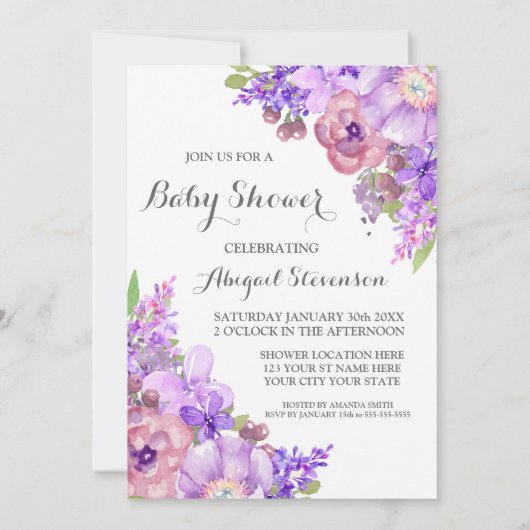 Rustieke Paarse Waterverf Bloemen Baby shower Kaart (Achterkant)