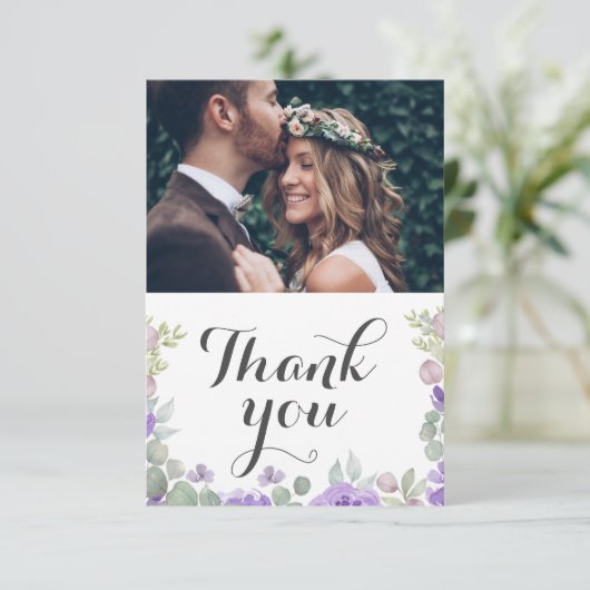 Rustieke Paarse Waterverf Bloemenbruiloft Dank u Bedankkaart (Staand voorkant)