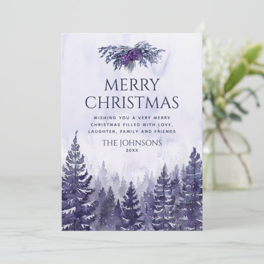 Rustieke Paarse Waterverf dennenbos Kerstmis Feestdagenkaart (Staand voorkant)