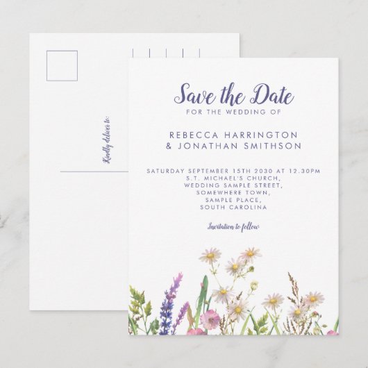 Rustieke Paarse Wildflower bruiloft Save The Date Briefkaart (Voorkant / Achterkant)