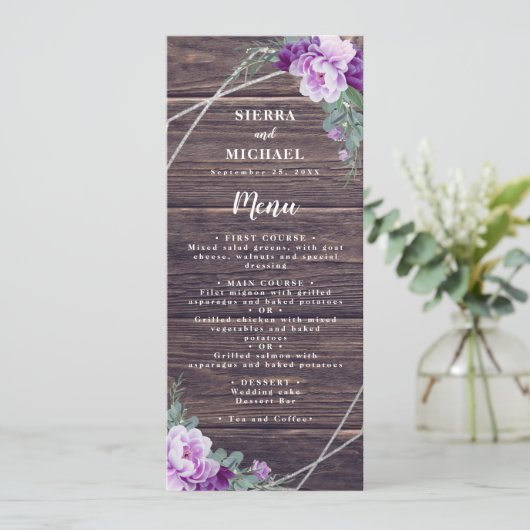 Rustieke Paarse & Zilveren Bloemen Bruiloft Recept Menu (Staand voorkant)