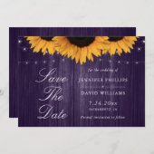 Rustieke Paarse zonnebloem bewaar de datumkaarten Save The Date (Voorkant / Achterkant)